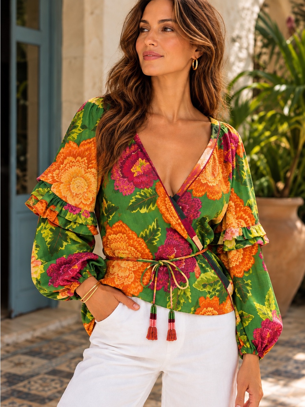 FARM Rio Anthropologie Floral Wrap Blouse Balloon Sleeve M